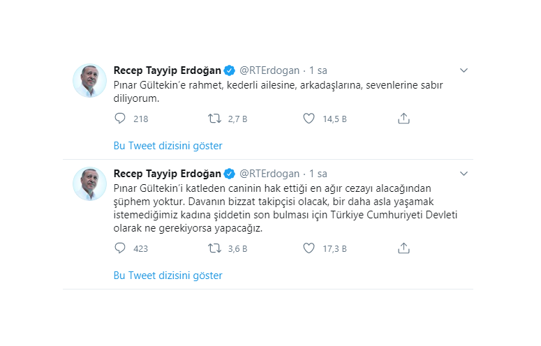 Cumhurbaşkanı Recep Tayyip Erdoğan’dan Pınar Gültekin Açıklaması