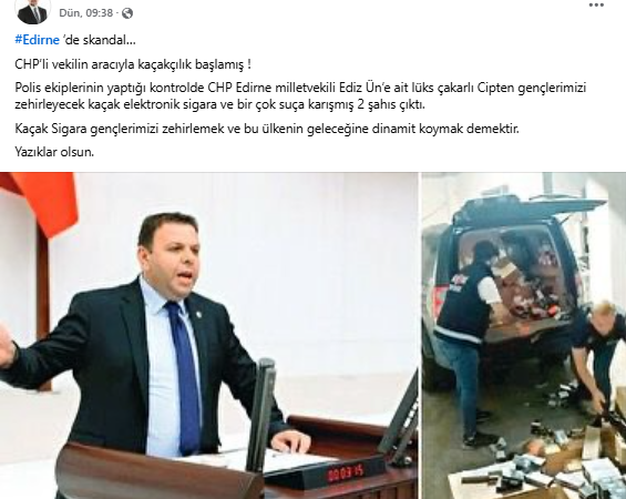 CHP’li Milletvekili Ün’ün aracında çok sayıda elektronik sigara ele geçirildi