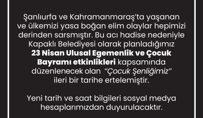 Kapaklı’da 23 Nisan Çocuk Şenliği Ertelendi