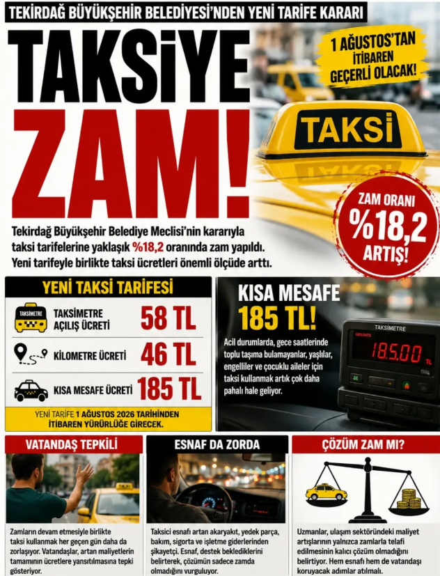 TAKSİYE DE ZAM! KISA MESAFE 185 TL’YE YÜKSELDİ